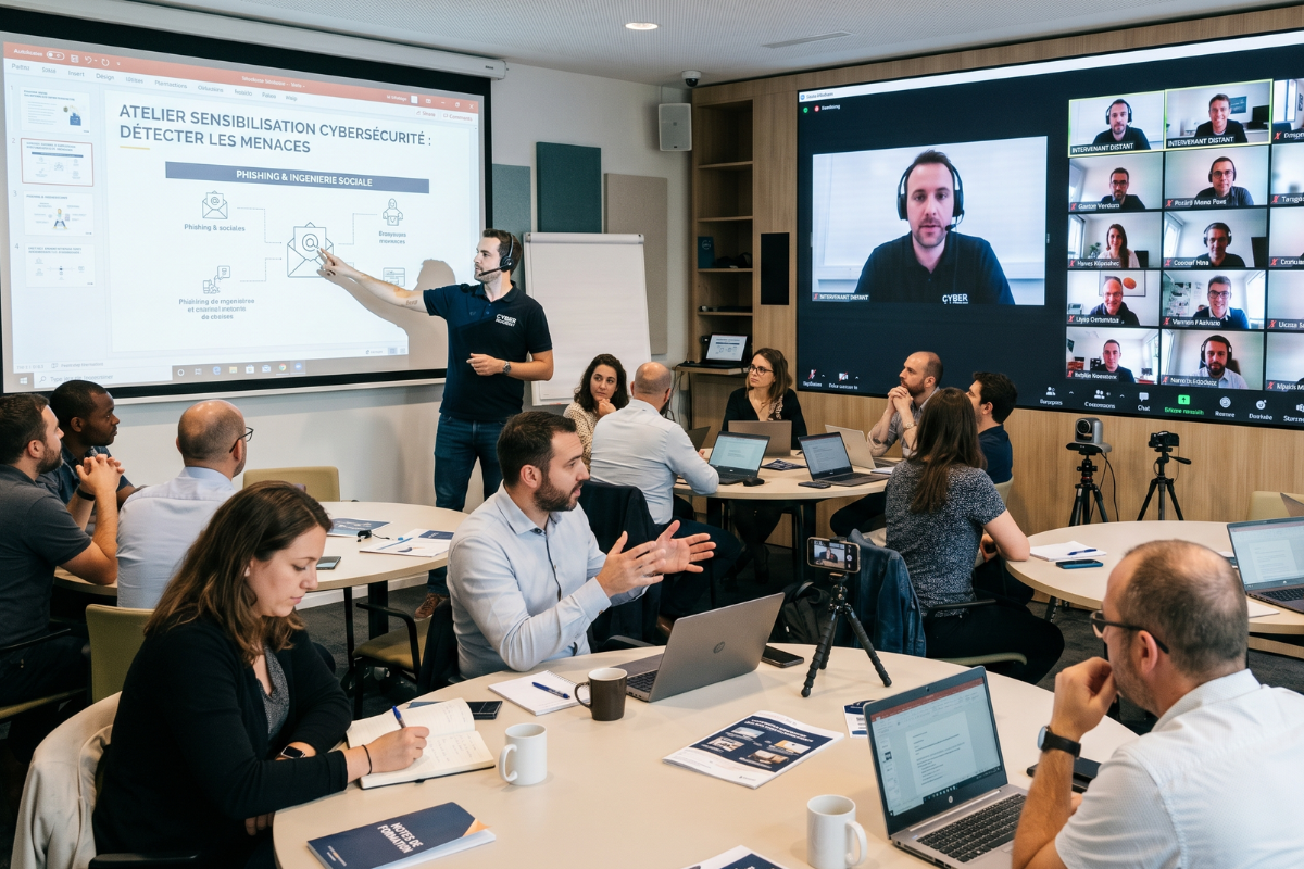Formation professionnelle en salle avec participants attentifs